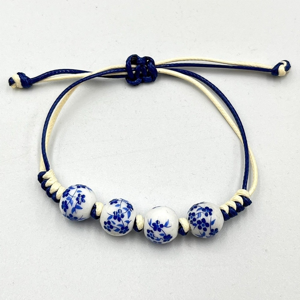 VTG Boho Blue & White Floral Ceramic Bead Cord Slider Bracelet Chinoiserie Style